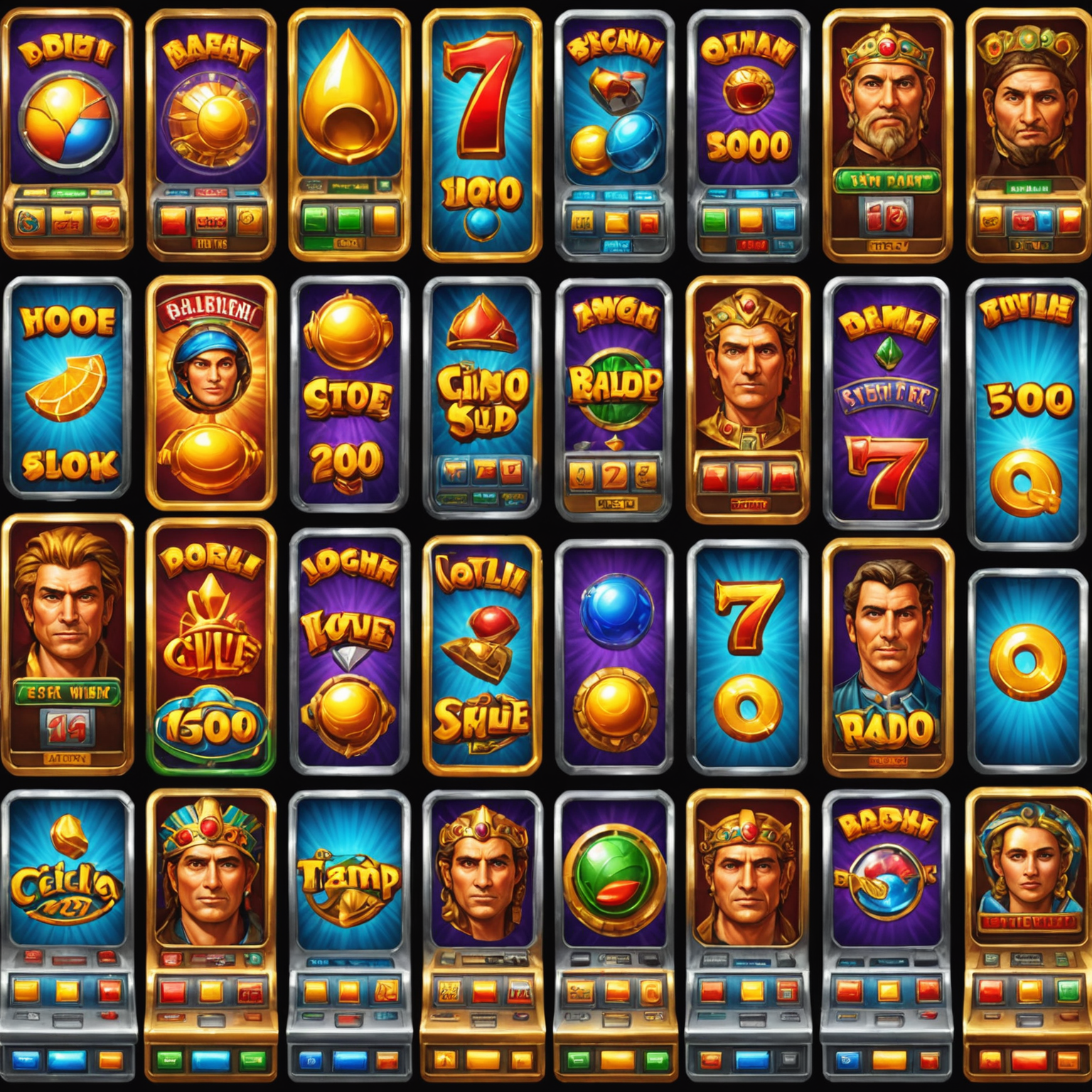 Various slot machine themes including ancient civilizations, movie characters, and popular culture icons