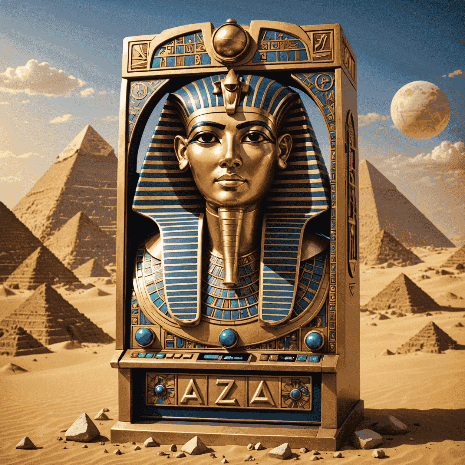 Ancient Egyptian themed slot machine with pyramids, pharaohs, and hieroglyphics