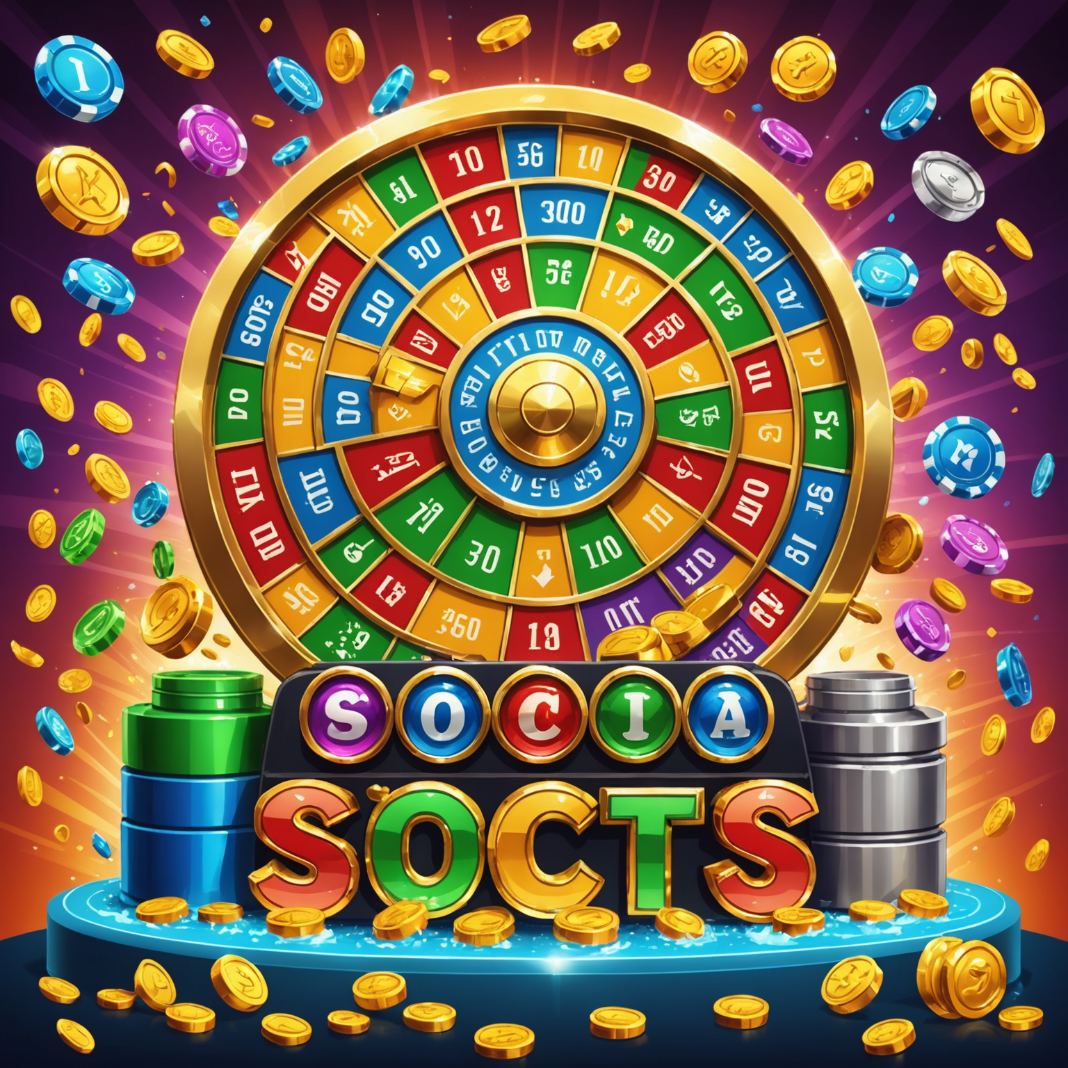 A colorful illustration showing various social slot game elements like spinning reels, coin showers, and bonus symbols. The image emphasizes the excitement and rewards of playing social slots strategically.