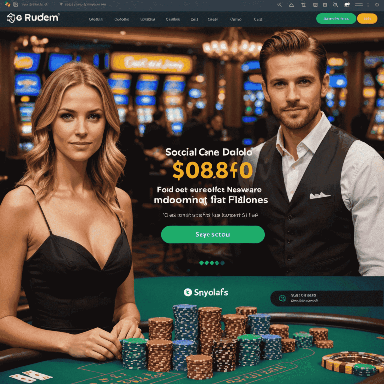 Split image showing a social casino interface on one side and a real money gambling platform on the other, highlighting the visual differences between the two