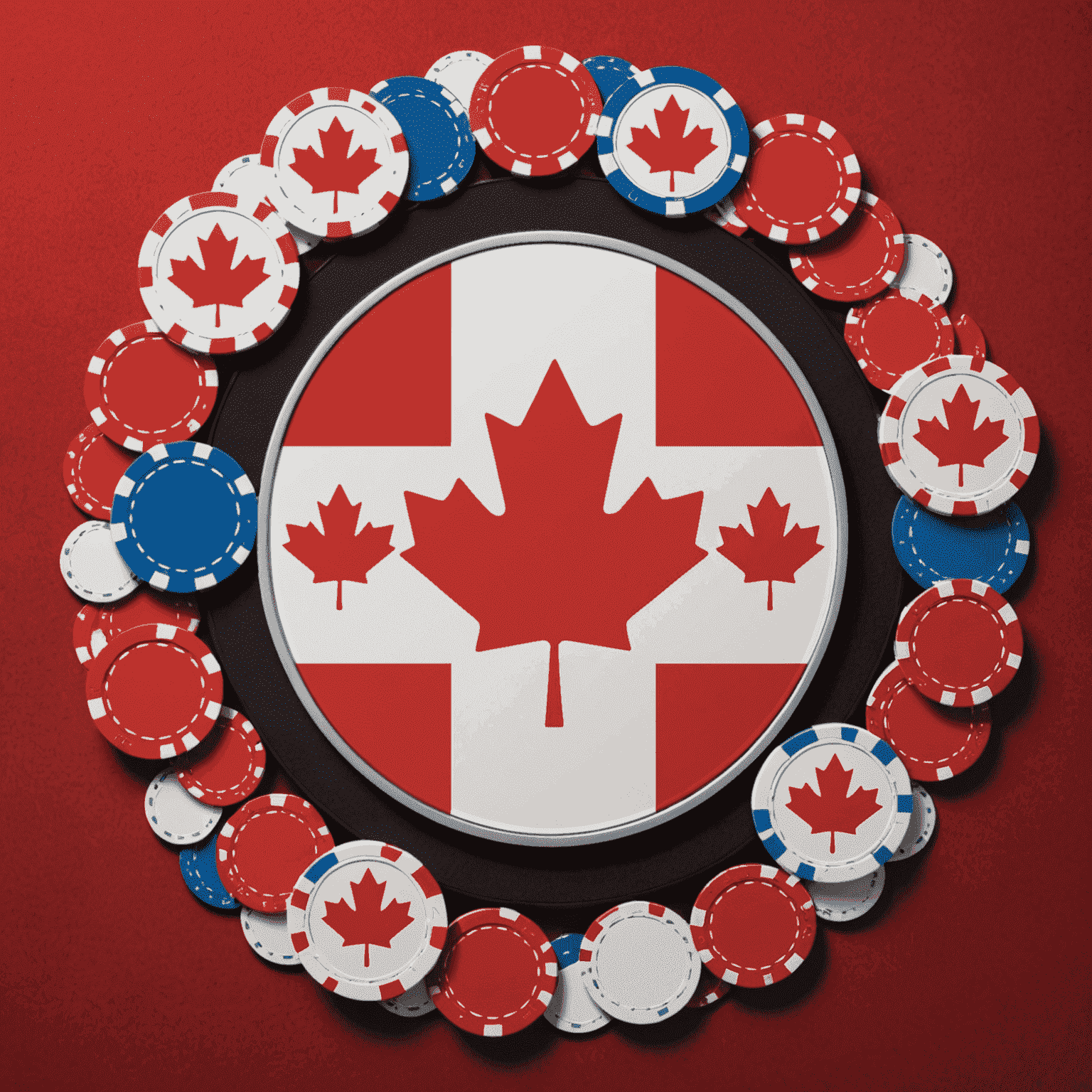 Canadian flag with casino chips and social media icons, representing the intersection of Canadian law and social casinos