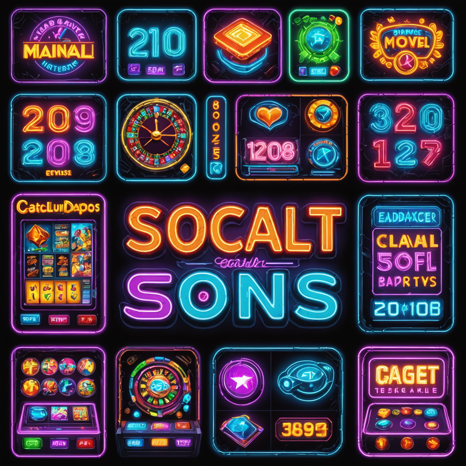 A vibrant collage showcasing various social features in slot games, including leaderboards, chat interfaces, and multiplayer modes, all rendered in neon colors against a dark background