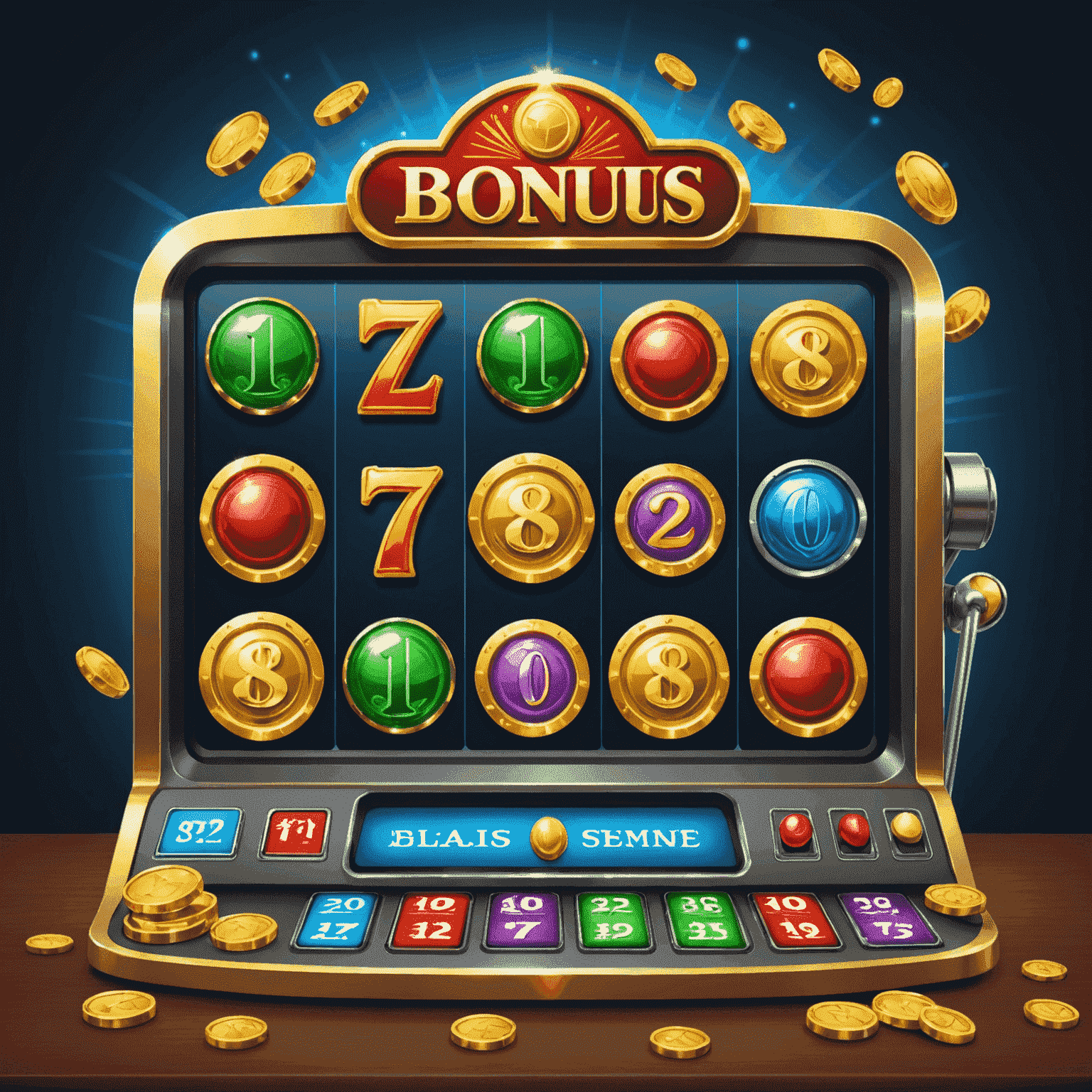 Illustration of bonus coins, slot machines, and strategy icons