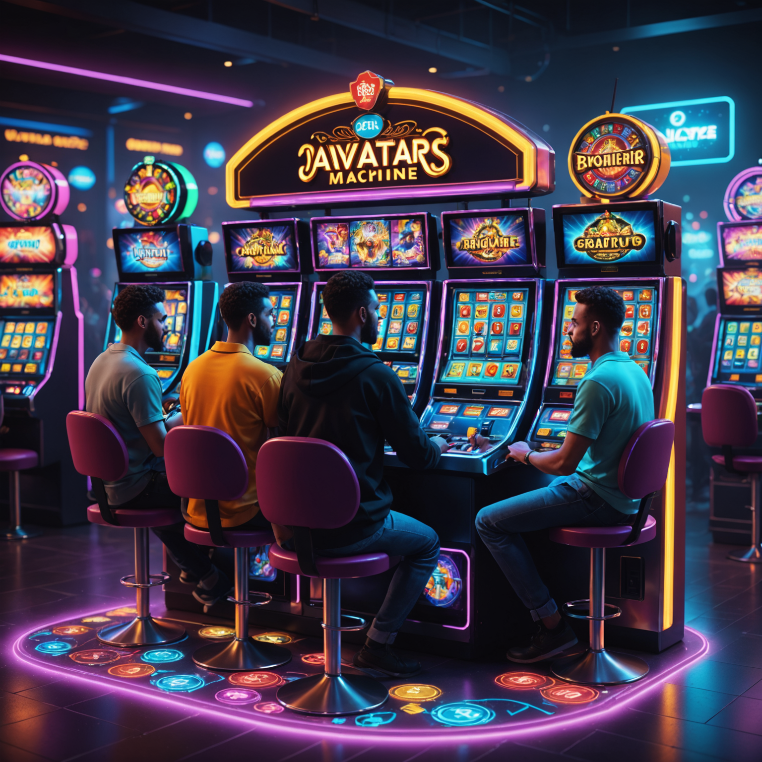 A 3D rendered scene of multiple players represented by avatars, sitting at a virtual slot machine together, with neon lights and particle effects surrounding them