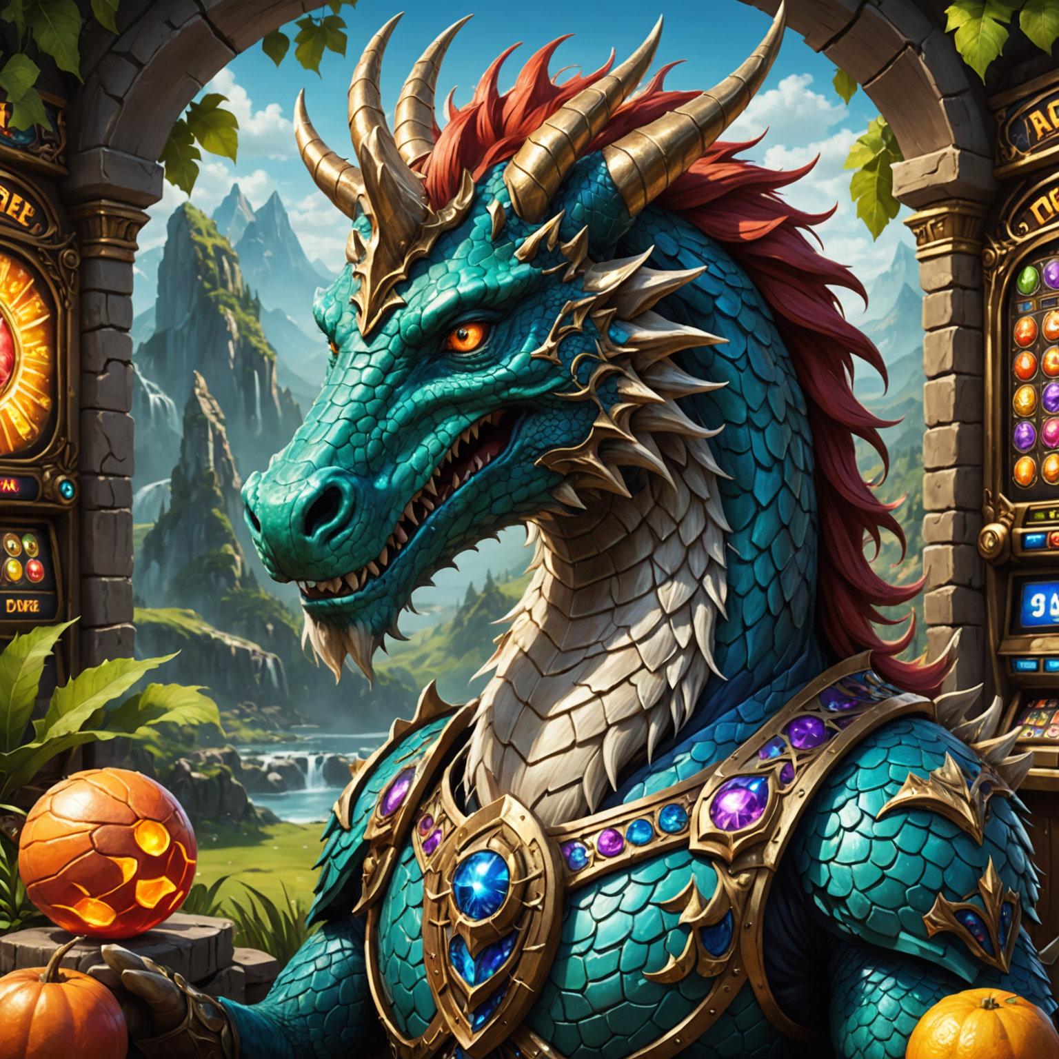 Fantasy-themed slot machine with dragons, unicorns, and magical creatures