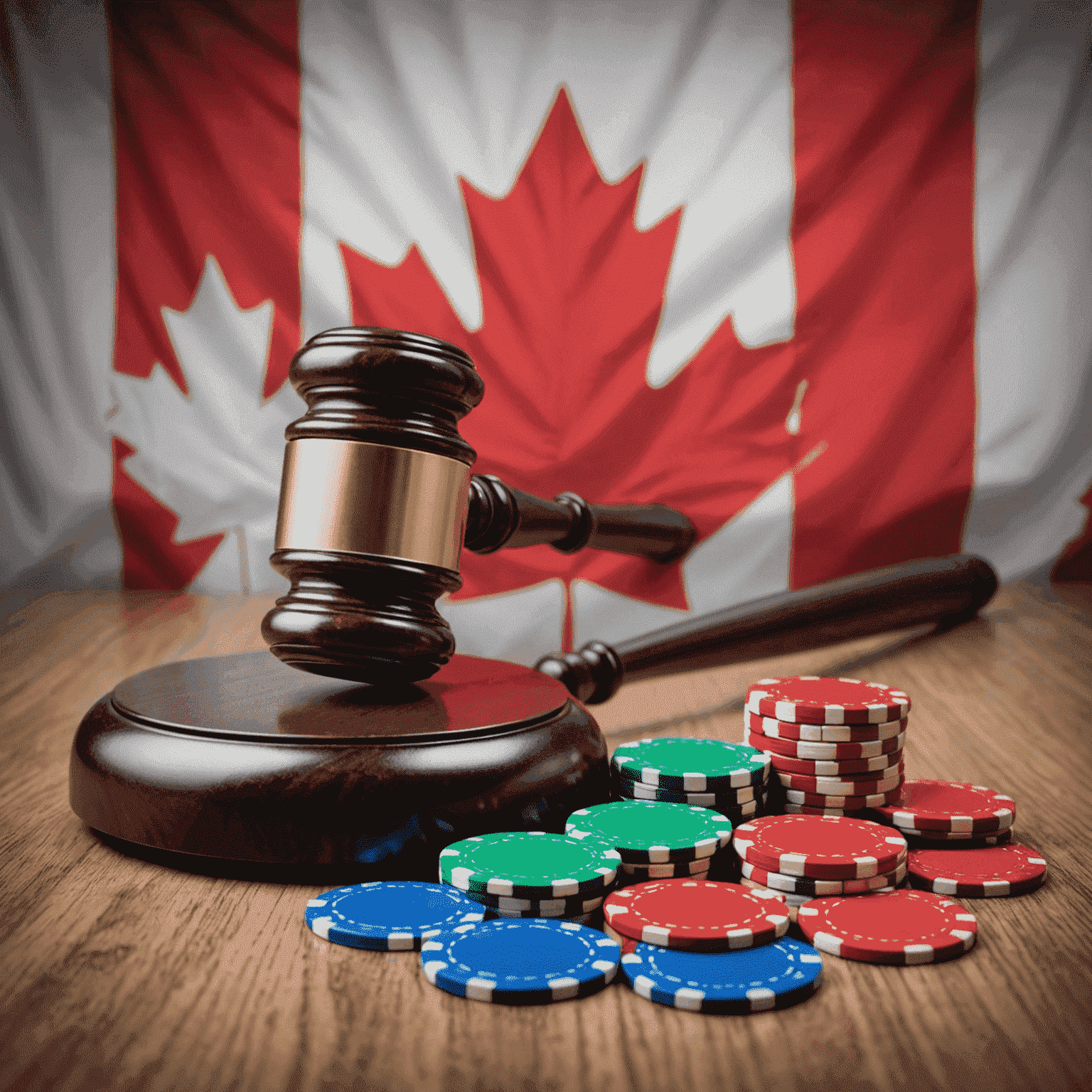 Canadian flag with a gavel and casino chips, representing gaming laws in Canada