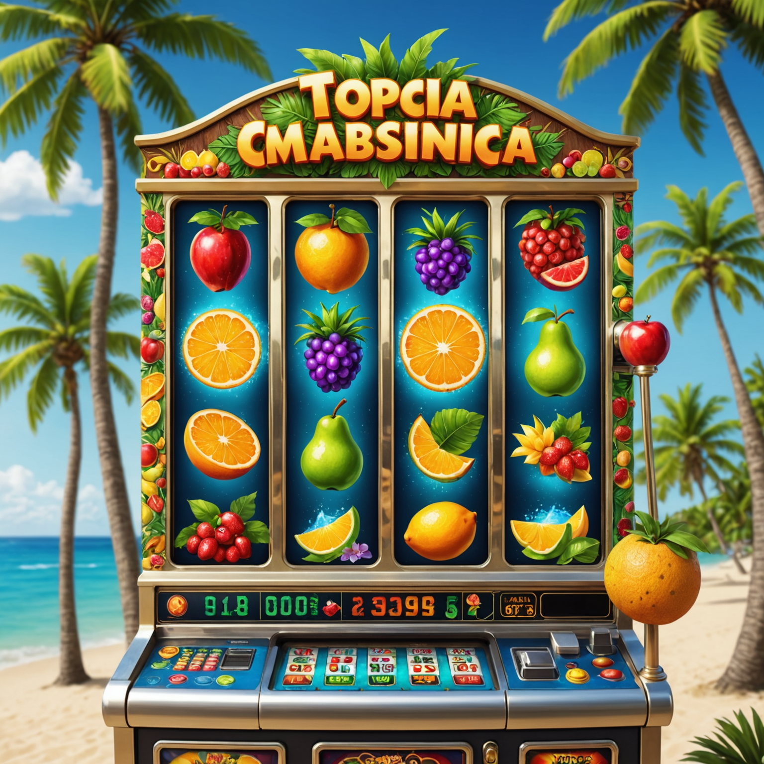 Tropical-themed slot machine with beach scenes, palm trees, and exotic fruits