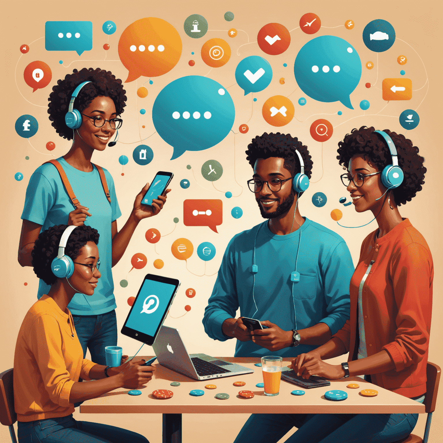 Illustration of people connected through devices, playing slots with chat bubbles and gift icons