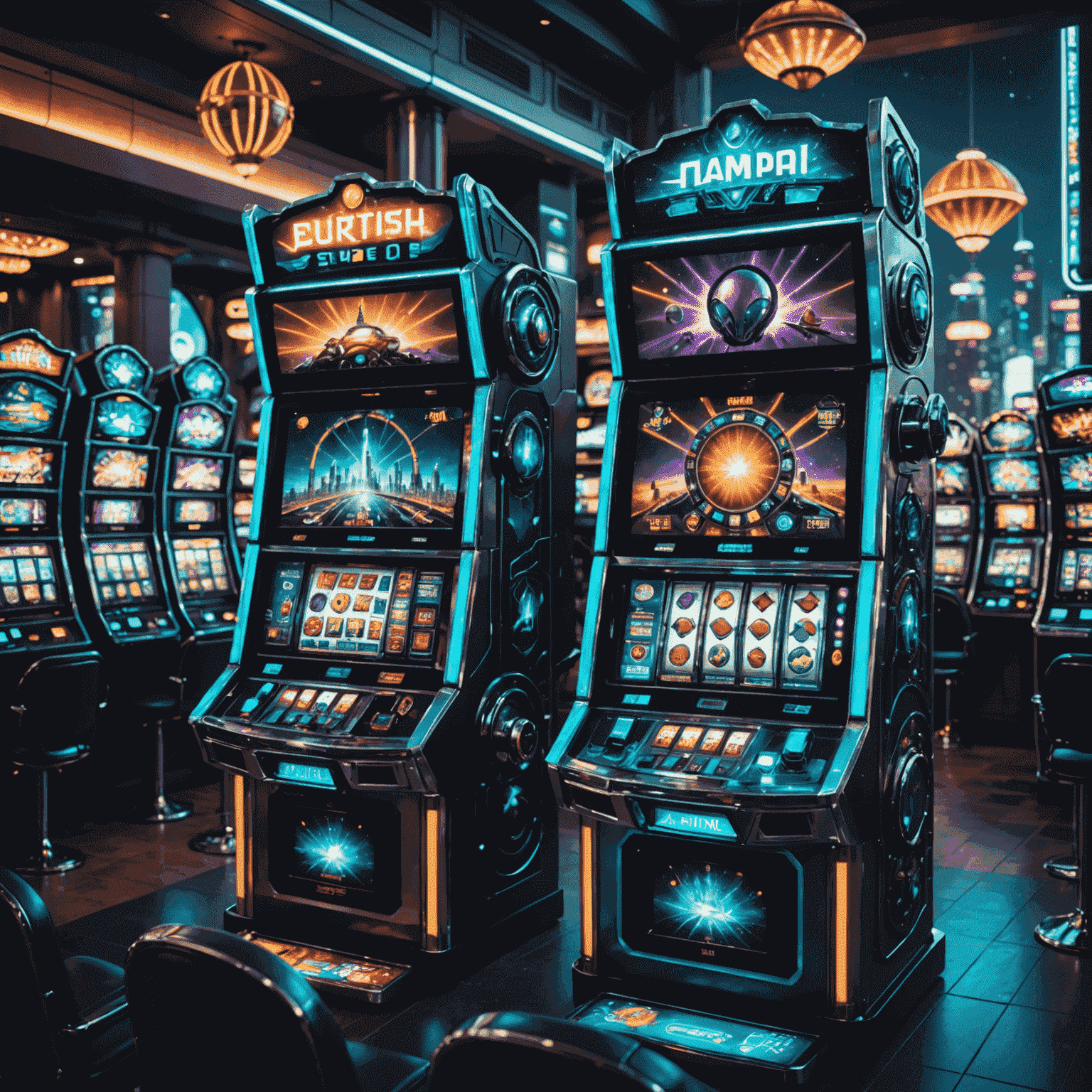 Sci-fi themed slot machine with spaceships, aliens, and futuristic cityscapes